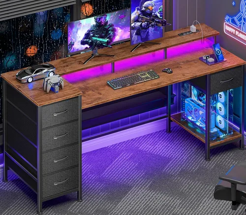 Vista 15 de Korfile - Escritorio para computadora de 47 pulgadas con 5 cajones de almacenamiento de tela, escritorio para juegos con tomas de corriente y luces