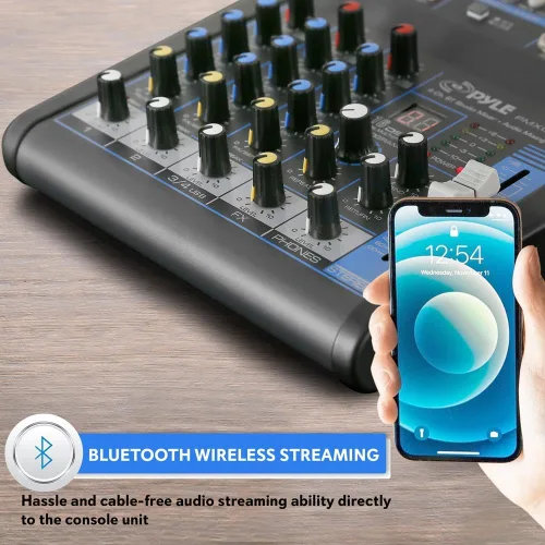 Vista 3 de Pyle Mezclador de Audio Profesional Placa de Sonido Consola del Sistema - 4 Canales - Bluetooth - Entrada USB MP3 para Computadora - 48V Phantom