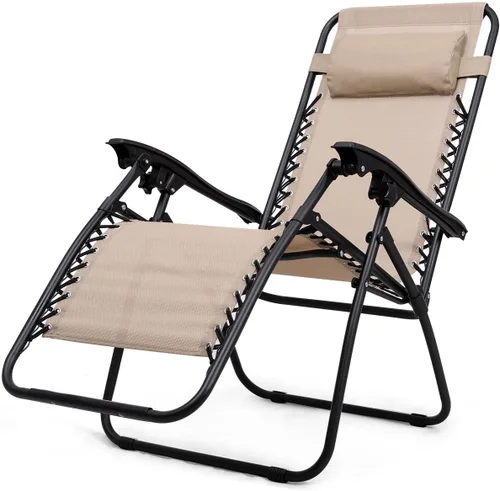 Vista 4 de Giantex Juego de 3 sillas de gravedad cero, tumbonas para patio, piscina, reclinables, plegables, sillas de descanso para patio trasero (beige)