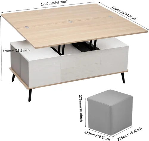 Vista 9 de Juego de 5 mesas auxiliares elevables con almacenamiento convertible con otomanas, para sala de estar, dormitorio, oficina, comedor (blanco antiguo)