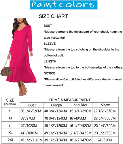 Vista 6 de Paintcolors Vestido largo casual de manga larga con cuello en V para mujer, vestido escalonado, color sólido, holgado, con vuelo, vestido midi