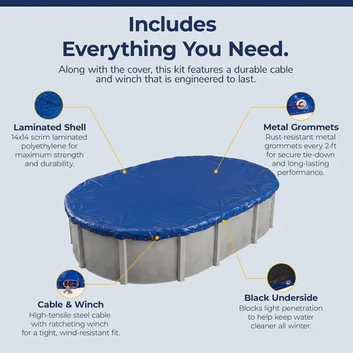 Vista 4 de Cubierta oval de invierno para piscina sobre suelo, Azul Royal Polietileno laminado de 14 x 14, ojales de metal cada 2 pies, parte inferior negra