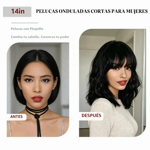 Vista 3 de Peluca negra con flequillo para mujeres negras, cabello rizado y ondulado de 14 pulgadas Negro