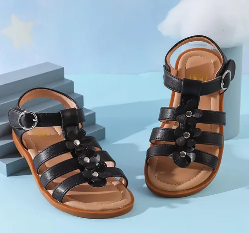 Vista 6 de DADAWEN Sandalias para niñas con punta abierta, lindas flores suaves, sandalias de vestir con tiras para verano, para niños pequeños, niños grandes
