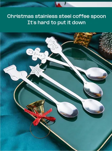 Vista 5 de Juego de cucharas de Navidad, cuchara de café creativa de acero inoxidable, cucharas de té de Navidad para revolver, mezclar, batidos, mermelada