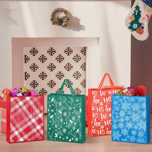 Vista 5 de Cholemy Paquete de 200 bolsas de regalo de Navidad a granel, bolsas de regalo de mercancía navideña con asas, bolsas de compras reutilizables