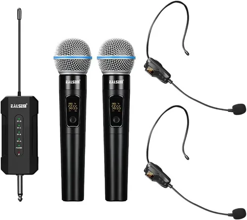 Vista 4 de ES-384 Sistema de Micrófono Inalámbrico de Mano UHF de 4 Canales - Rango de 164 pies, Receptor Recargable, Plug-and-Play para Karaoke y Espectáculos