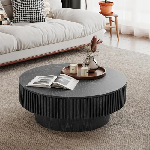 Vista 14 de Mesa de centro redonda de 39.4 pulgadas con almacenamiento oculto, mesa de centro de tambor de madera maciza con diseño artesanal Releifs, moderna