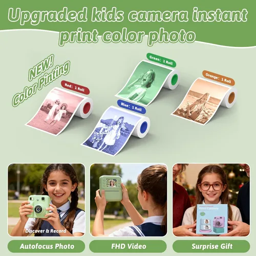 Vista 2 de Cámara a color para niños, impresión instantánea, cámara instantánea con papel fotográfico de 4 colores, video HD de 1080P y cámaras digitales