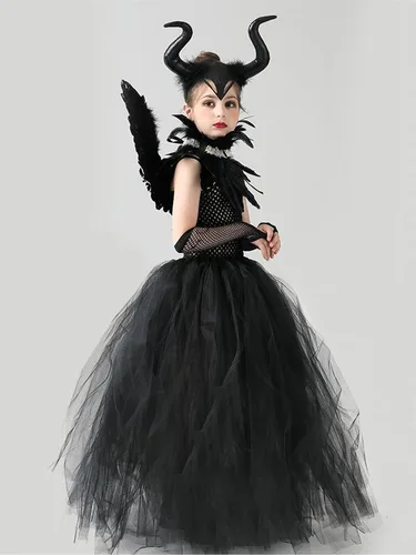 Vista 4 de Lchiji Disfraz de bruja de vampiro para niñas, tutú de tul, cuernos, capa de plumas y cuernos, conjunto de disfraz de cosplay