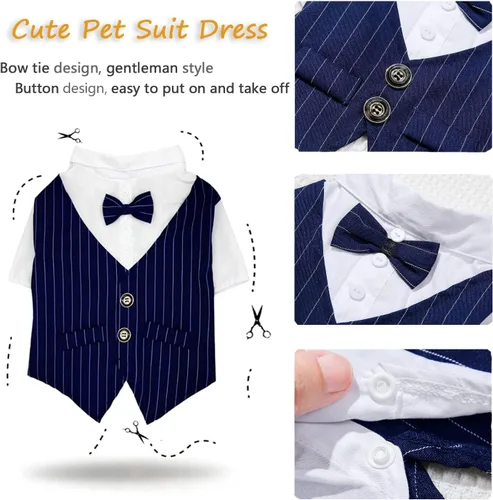 Vista 5 de Camisa para perro, ropa de esmoquin para mascotas, disfraz de corbatín, ropa formal para perros con corbata, corbata de moño de boda para cachorros