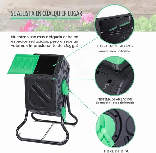 Vista 4 de Nouva Contenedor de compostaje para exteriores, 18.5 galones de una sola cámara, pequeño compostador giratorio, marco de acero, barril resistente