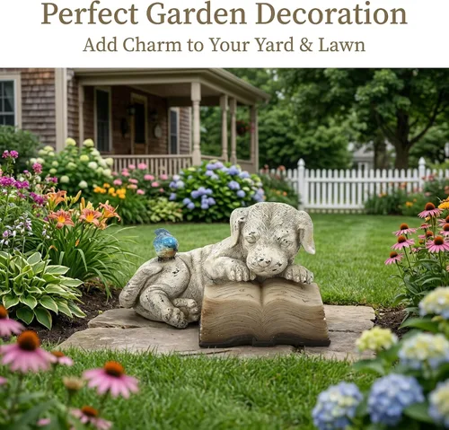 Vista 4 de Topadorn Estatua de jardín solar para cachorros con libro LED brillante, perro de resina pintado a mano con pájaro azul, decoración de patio al aire