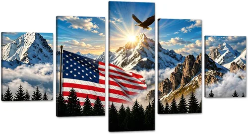 Vista 31 de 5 Pieces American Flag Wall Art Bald Eagle Mountain Patriotic Home Decor
