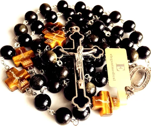 Vista 2 de elegantmedical Hecho a mano católico negro 0.394 in oro obsidiana cuentas Lourdes medalla de agua rosario cruz collar caja para hombre mujer regalo