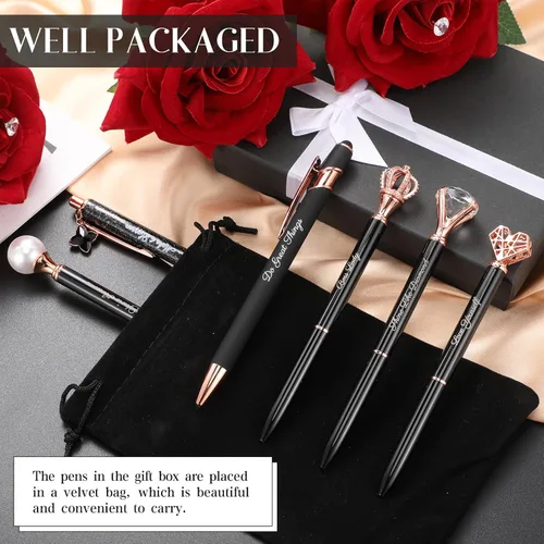 Vista 6 de Qeeenar 6 bolígrafos elegantes para mujer, bolígrafo de diamantes de cristal para diario, bonito bolígrafo con purpurina con caja, regalos Negro