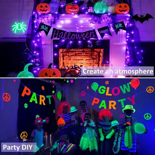 Vista 6 de OMIKA Paquete de 3 tiras de luces de batería de luz negra UV para interiores, 6.56 pies, 20 luces LED de alambre de cobre púrpura UV para Halloween
