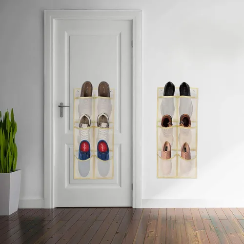 Vista 7 de Zapatero montado en la pared, paquete de 2 unidades/puede almacenar 6 pares de tenis, con soportes adhesivos para colgar, estante organizador