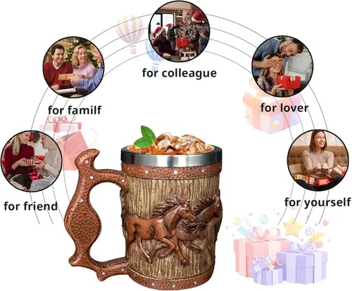 Vista 8 de Taza de cerveza de barril de madera, taza de acero inoxidable de 20 onzas, taza de café, caballos, regalos para mujeres y hombres, regalo