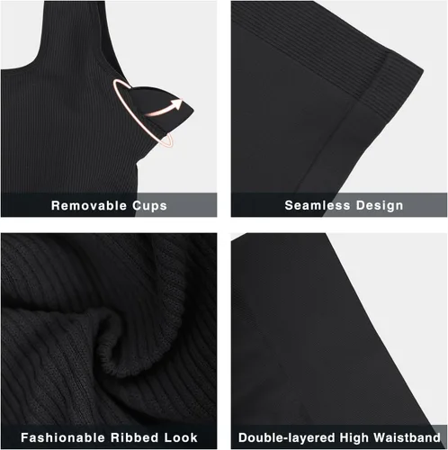 Vista 8 de FeelinGirl Conjuntos de entrenamiento para mujer, 2 piezas, sin costuras, brasier deportivo acanalado, talla grande, pantalones cortos de cintura
