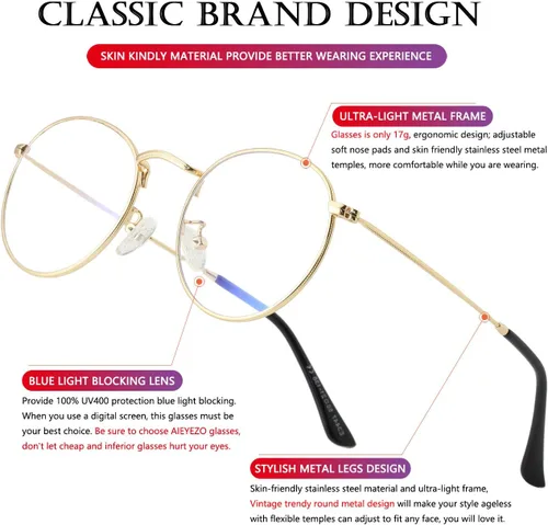 Vista 5 de AIEYEZO Gafas redondas para mujeres y hombres, lentes de bloqueo de luz azul, lentes circulares con marco de alambre de metal