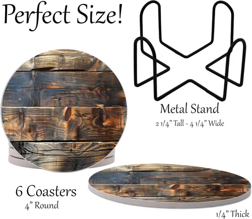Vista 2 de Abosrbent - Juego de 6 posavasos redondos de grano de madera rústica marrón con soporte de metal para bebidas, café, parte trasera de corcho
