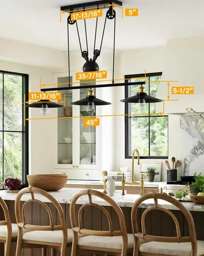 Vista 5 de WINSOON Lámpara de 3 cabezas con diseño de poleas creativo, hierro pintado de negro, luz para isla, bar, colgante retro