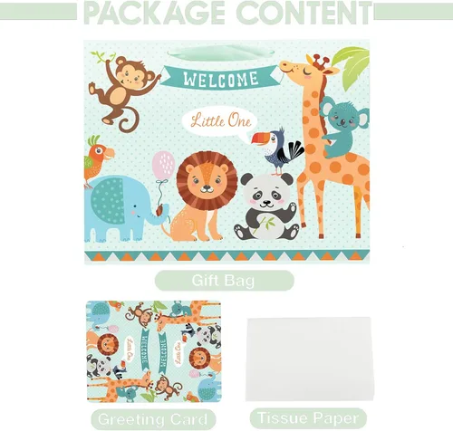Vista 3 de Laidans Bolsa de regalo grande de 13" para bebé niño o niña para baby shower con papel de seda y tarjeta de felicitación (Azul)