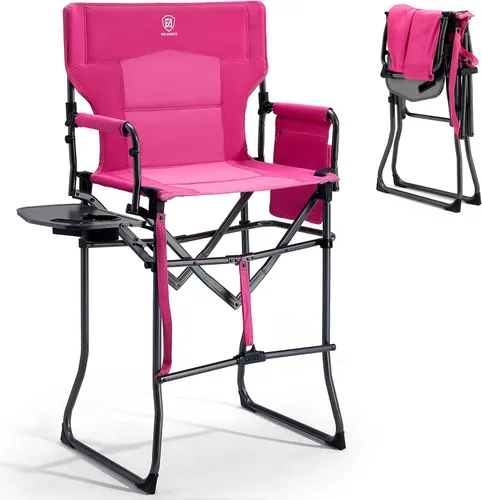 Vista 11 de EVER ADVANCED Silla alta de textileno para campamento, silla de directores de malla, taburete de bar plegable alto con mesa auxiliar