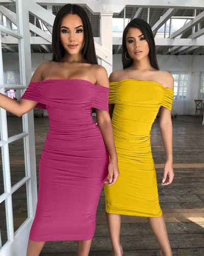 Vista 6 de GOBLES Vestido elegante de cóctel para mujer, fruncido, hombros desnudos, manga corta, ajustado, largo hasta pantorrillas, para fiesta
