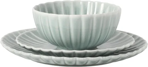 Vista 10 de Gibson Elite Peach Orchard - Juego de vajilla de porcelana de hueso de 12 piezas para 4, platos y cuencos estriados en relieve, apto