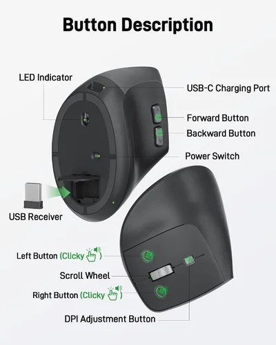 Vista 6 de Acer Ratón Ergonómico Inalámbrico, Ratón Vertical con DPI Ajustable 1000/1200/1600 con 6 Botones, Ratón Ergo Recargable con Receptor USB de 2.4GHz