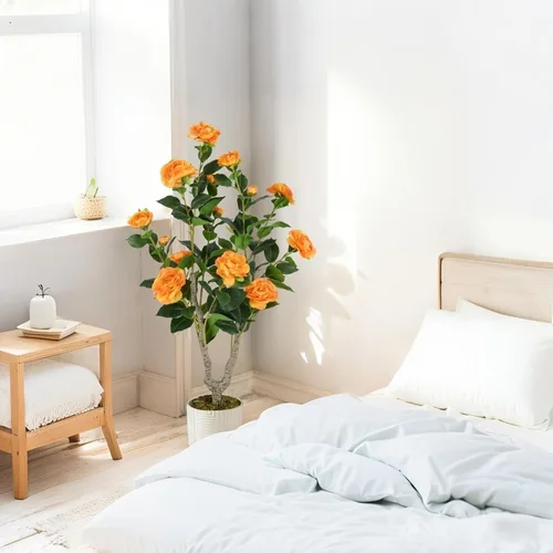 Vista 4 de Árbol de camelia artificial de 36 pulgadas con flores falsas Naranja