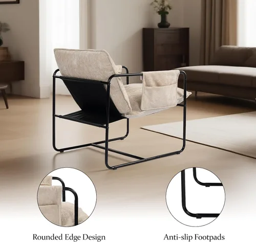 Vista 5 de Silla de acento moderna, cómodas sillas de sala de estar con reposabrazos, silla de lectura para dormitorio, silla de metal tapizada de chenilla