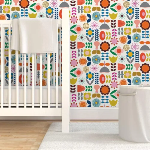Vista 6 de Spoonflower Despegar y pegar papel tapiz Muestras - Mod Jardín escandinavo Scandi Arte Flores Margarita Azul Marino Naranja Rosa Vivero Floral