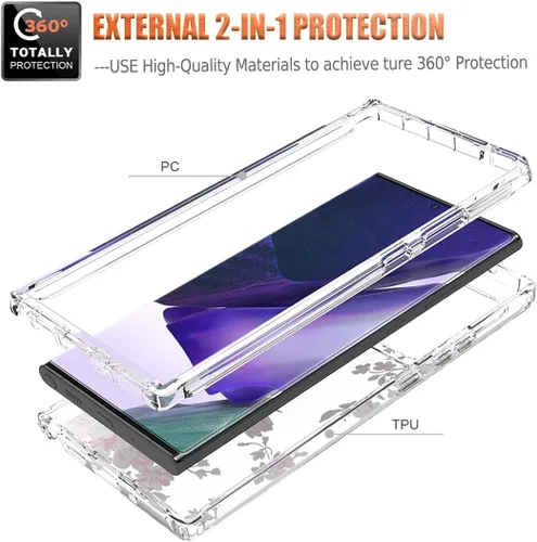 Vista 3 de Funda para Galaxy Note 20 Ultra, SM-N986U con protector de pantalla de vidrio templado, diseño floral a prueba de golpes, funda protectora de cuerpo