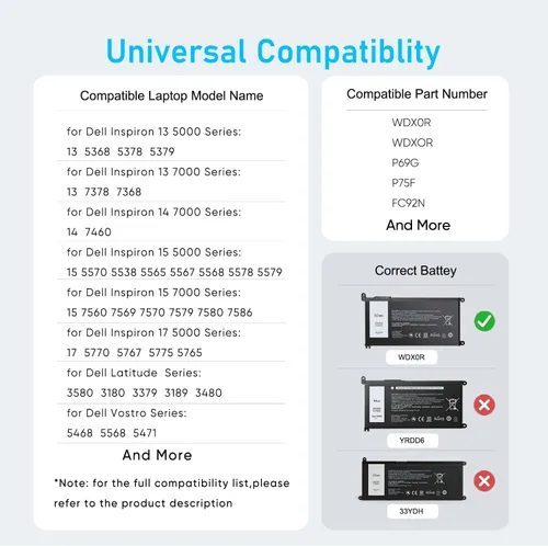 Vista 4 de Batería WDX0R mejorada de 50 Wh para Dell Inspiron 15 5570 5567 7579 5565