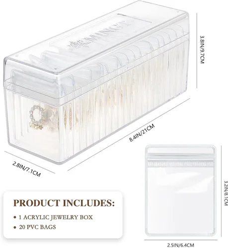 Vista 4 de Organizador de joyas de acrílico, soporte organizador de joyas transparente con 20 bolsas de joyería portátiles antideslustre, estuche de joyería