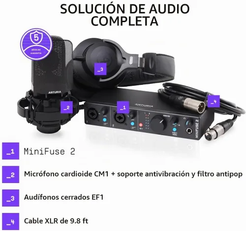 Vista 6 de Arturia MiniFuse 2 Pack de Grabación - Negro Graba guitarra de voz y sintetizadores, las mejores especificaciones de sonido de su clase, empareja