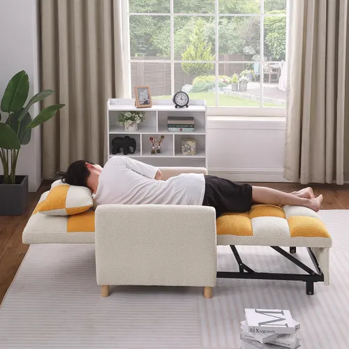 Vista 8 de Silla Cama Convertible, Sillón Sofá 3 en 1 Cama Futón Desplegable para Espacios Pequeños, Tela Teddy Suave, Marco de Metal Resistente, Amarillo