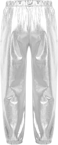 Vista 4 de Manyakai Pantalones de baile metálicos brillantes para niños y niñas, leggings atléticos, hip hop, ropa de baile callejero