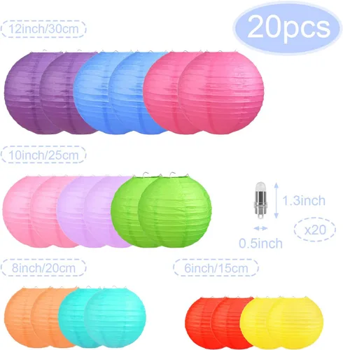 Vista 2 de LIHAO 20 linternas de papel coloridas con luces, linternas chinas multicolores, linternas de papel colgantes para decoración de fiestas, bodas