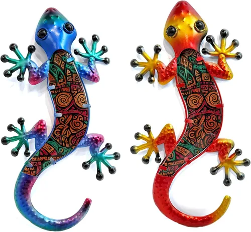 Vista 16 de HONGLAND Arte de pared de Gecko de metal, 2 unidades de lagarto de 15 pulgadas, decoración para exteriores, escultura de vidrio colgante, decoración