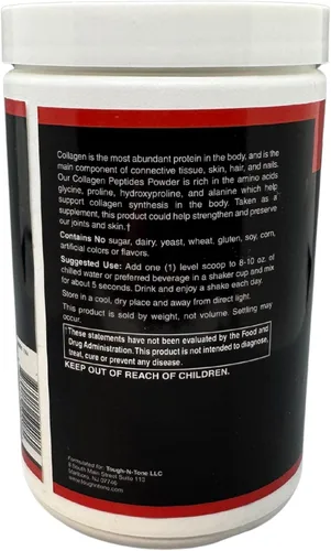 Vista 4 de TOUGH-N-TONE Polvo de péptidos de colágeno - Alimentado con pasto, 9.88 oz 0.71 oz de proteína por porción, sin sabor, sin OMG, sin gluten, sin