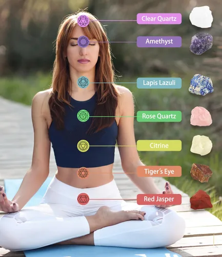 Vista 5 de 7 cristales de chakras y piedras curativas con placa de carga de selenita y folleto guía para principiantes, colección, meditación, yoga
