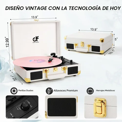 Vista 8 de Tocadiscos de vinilo Bluetooth, tocadiscos portátil vintage de 3 velocidades con 2 altavoces integrados, grabación USB, tocadiscos