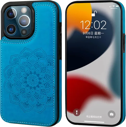 Vista 3 de Vaburs Funda compatible con iPhone 13 Pro con tarjetero y diseño de mandala en relieve, de piel sintética, doble botones, a prueba de golpes