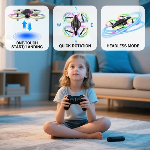 Vista 6 de Mini dron de juguete para niños, dron controlado a distancia, cuadricóptero con retención de altitud y modo sin cabeza, protección completa