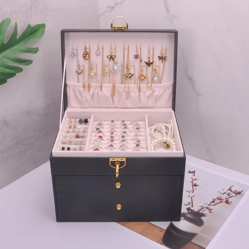Vista 6 de Joyero para mujeres y niñas, soporte para aretes, collar de cuero de PVC, organizador de joyas, anillos, estuche de almacenamiento, con cerradura