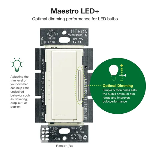 Vista 2 de Lutron - Interruptor de atenuación Maestro LED+ para bombillas LED regulables, halógenas e incandescentes, 150 W/unifolar o multiubicación, Biscuit